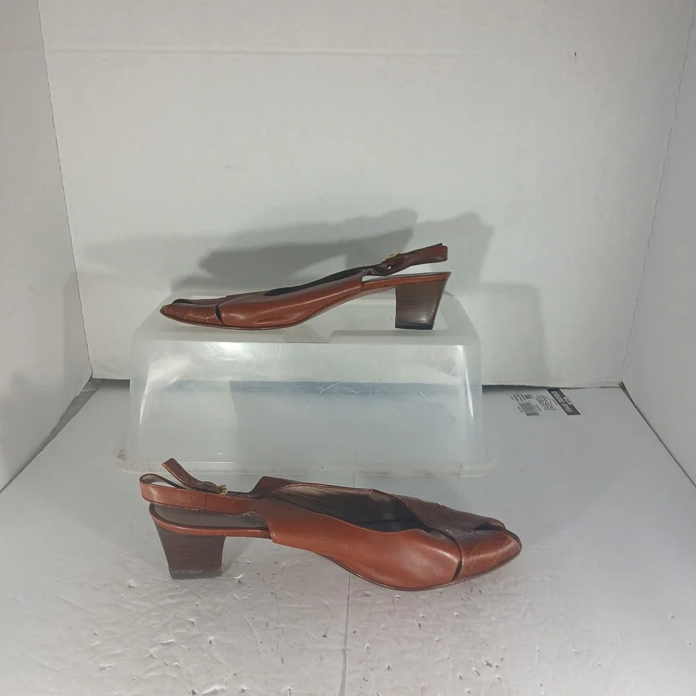 Bruno Magli Slingback Heels 8.5 AA Brown Leather Croc Peep Toe Italian Sandals